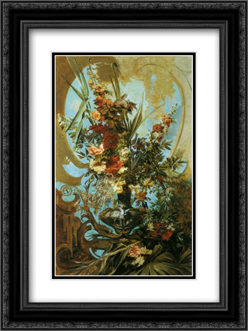 Large Flower Piece 18x24 Black Ornate Wood Framed Art Print Poster with Double Matting by Makart, Hans