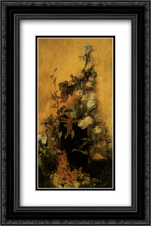 Still Life with Roses 16x24 Black Ornate Wood Framed Art Print Poster with Double Matting by Makart, Hans