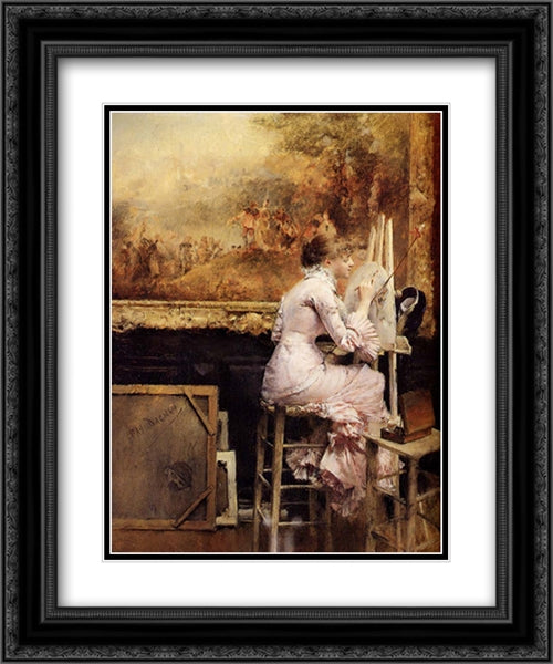 Young Watercolourist In The Louvre 20x24 Black Ornate Wood Framed Art Print Poster with Double Matting by Dagnan-Bouveret, Pascal Adolphe Jean