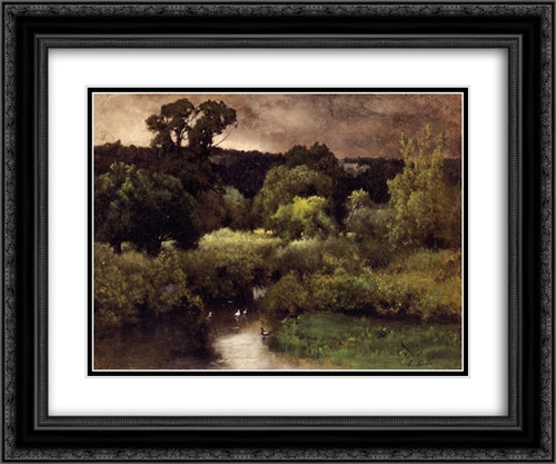 A Gray, Lowery Day 24x20 Black Ornate Wood Framed Art Print Poster with Double Matting by Inness, George