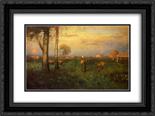 Sundown 24x18 Black Ornate Wood Framed Art Print Poster with Double Matting by Inness, George