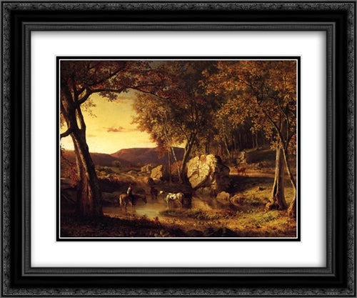 Summer Days, Cattle Drinking Late Summer, Early Autumn 24x20 Black Ornate Wood Framed Art Print Poster with Double Matting by Inness, George