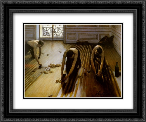 Floor Strippers 24x20 Black Ornate Wood Framed Art Print Poster with Double Matting by Caillebotte, Gustave