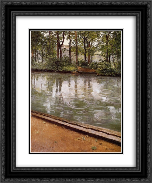 The Yerres, Rain 20x24 Black Ornate Wood Framed Art Print Poster with Double Matting by Caillebotte, Gustave