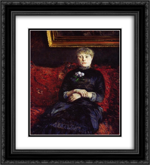 Woman Sitting on a Red'Flowered Sofa 20x22 Black Ornate Wood Framed Art Print Poster with Double Matting by Caillebotte, Gustave