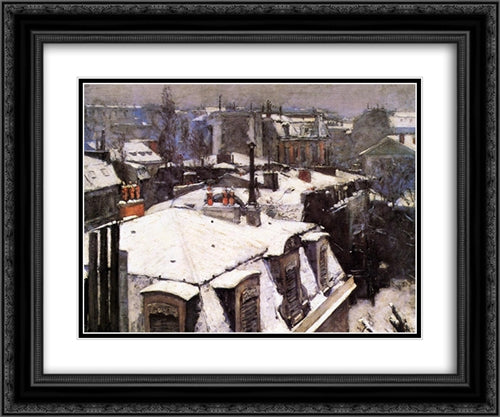 Rooftops Under Snow 24x20 Black Ornate Wood Framed Art Print Poster with Double Matting by Caillebotte, Gustave