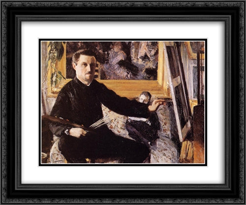 Self Portrait with Easel 24x20 Black Ornate Wood Framed Art Print Poster with Double Matting by Caillebotte, Gustave