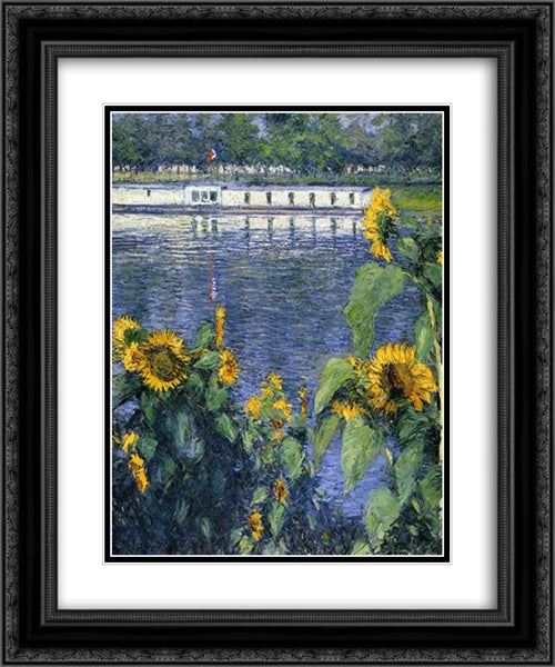 Sunflowers on the Banks of the Seine 20x24 Black Ornate Wood Framed Art Print Poster with Double Matting by Caillebotte, Gustave