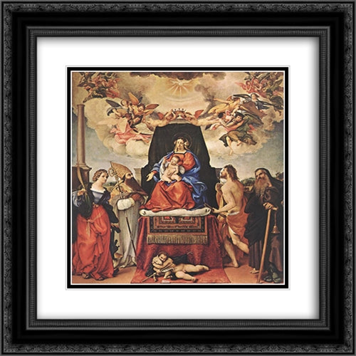 Madonna and Child with Saints 20x20 Black Ornate Wood Framed Art Print Poster with Double Matting by Lotto, Lorenzo