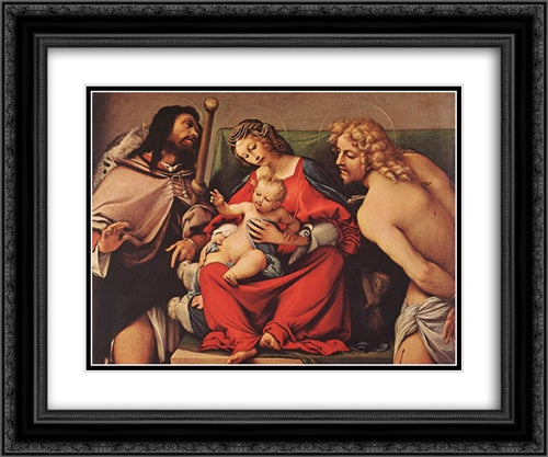 Madonna with the Child and Sts Rock and Sebastian 24x20 Black Ornate Wood Framed Art Print Poster with Double Matting by Lotto, Lorenzo