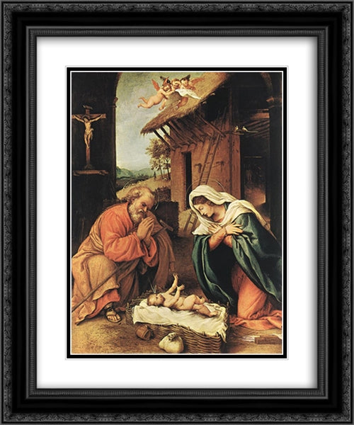 Nativity 20x24 Black Ornate Wood Framed Art Print Poster with Double Matting by Lotto, Lorenzo