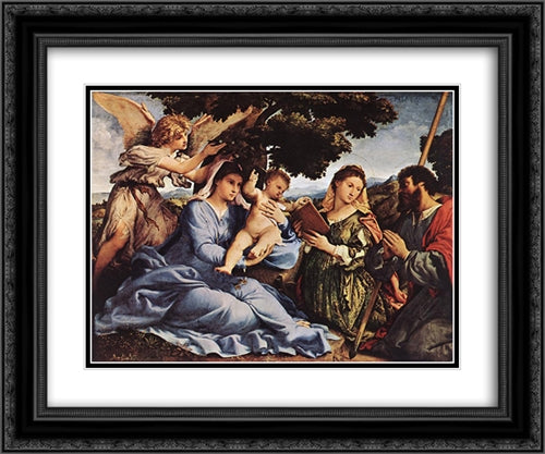 Madonna and Child with Saints and an Angel 24x20 Black Ornate Wood Framed Art Print Poster with Double Matting by Lotto, Lorenzo