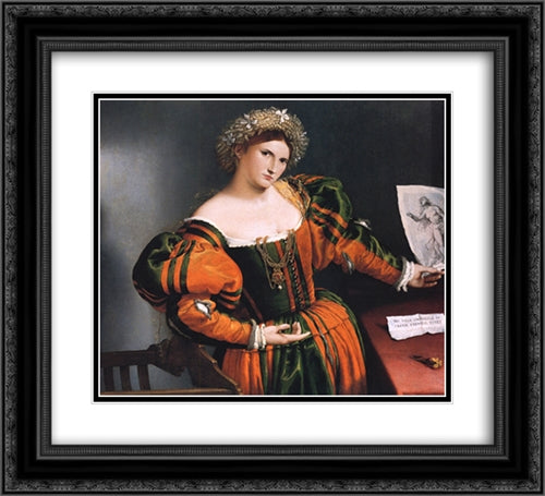 Portrait of a lady with a picture of the suicide of Lucretia 22x20 Black Ornate Wood Framed Art Print Poster with Double Matting by Lotto, Lorenzo