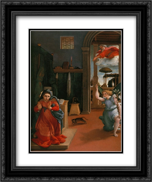 Annunciation 20x24 Black Ornate Wood Framed Art Print Poster with Double Matting by Lotto, Lorenzo