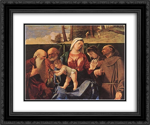Madonna and Child with Saints 24x20 Black Ornate Wood Framed Art Print Poster with Double Matting by Lotto, Lorenzo
