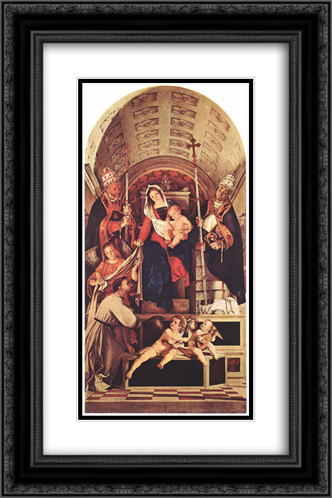 Madonna and Child with Sts Dominic, Gregory and Urban 16x24 Black Ornate Wood Framed Art Print Poster with Double Matting by Lotto, Lorenzo