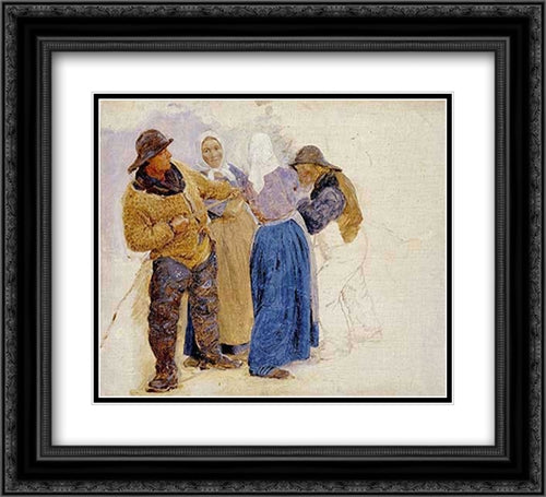 Mujeres y pescadores de Hornbaek 22x20 Black Ornate Wood Framed Art Print Poster with Double Matting by Kroyer, Peder Severin