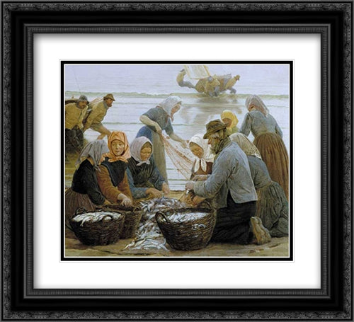 Mujeres y pescadores de Hornbaek 22x20 Black Ornate Wood Framed Art Print Poster with Double Matting by Kroyer, Peder Severin