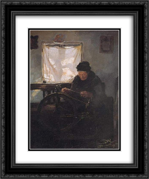 Anciana en la rueca 20x24 Black Ornate Wood Framed Art Print Poster with Double Matting by Kroyer, Peder Severin