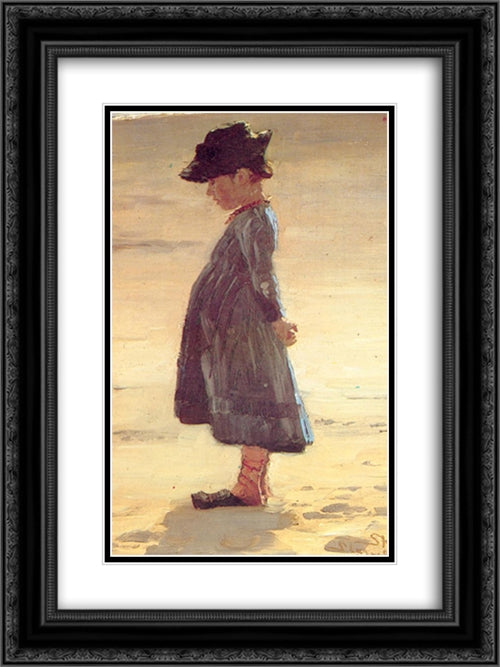 Nina en la playa 18x24 Black Ornate Wood Framed Art Print Poster with Double Matting by Kroyer, Peder Severin