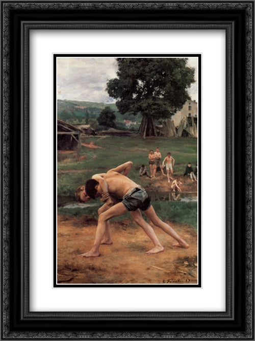 La Lutte 18x24 Black Ornate Wood Framed Art Print Poster with Double Matting by Friant, Emile