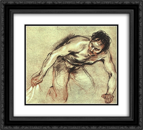 Kneeling Male Nude 22x20 Black Ornate Wood Framed Art Print Poster with Double Matting by Watteau, Antoine