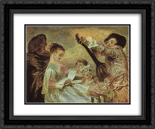 The Music Lesson 24x20 Black Ornate Wood Framed Art Print Poster with Double Matting by Watteau, Antoine