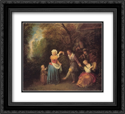 La Danse Champetre 22x20 Black Ornate Wood Framed Art Print Poster with Double Matting by Watteau, Antoine