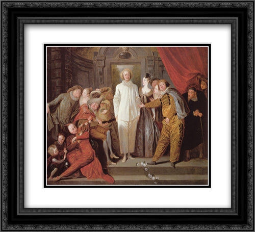 Les Comediens italiens 22x20 Black Ornate Wood Framed Art Print Poster with Double Matting by Watteau, Antoine