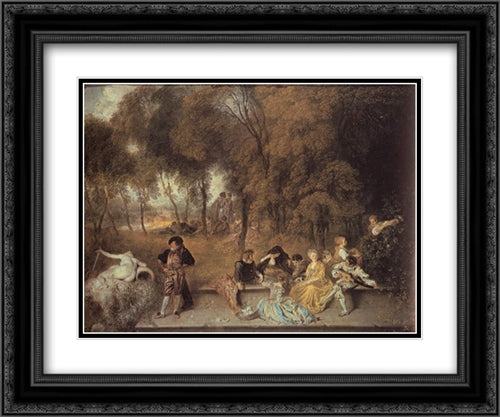 Reunion en plein air 24x20 Black Ornate Wood Framed Art Print Poster with Double Matting by Watteau, Antoine