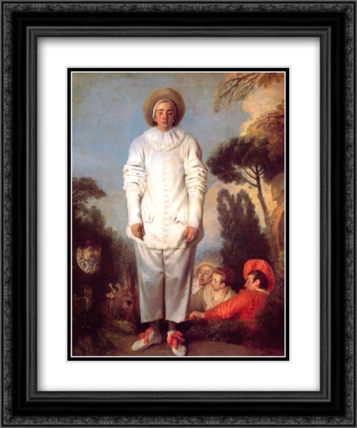 Pierrot 20x24 Black Ornate Wood Framed Art Print Poster with Double Matting by Watteau, Antoine