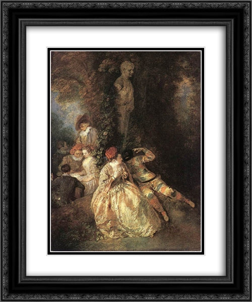 Harlequin and Columbine 20x24 Black Ornate Wood Framed Art Print Poster with Double Matting by Watteau, Antoine