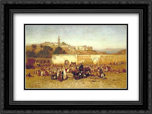 Market Day Outside the Walls of Tangiers, Morocco 24x18 Black Ornate Wood Framed Art Print Poster with Double Matting by Tiffany, Louis Comfort