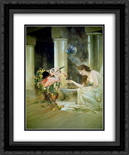 Feeding the Flamingos 20x24 Black Ornate Wood Framed Art Print Poster with Double Matting by Tiffany, Louis Comfort