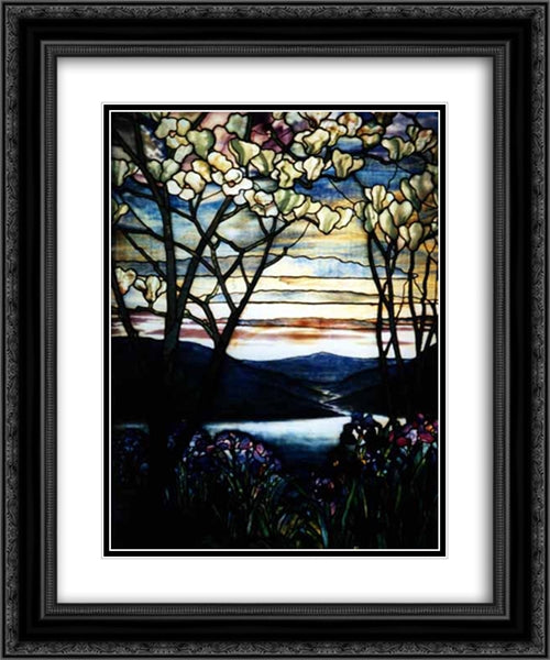 Magnolias and Irises 20x24 Black Ornate Wood Framed Art Print Poster with Double Matting by Tiffany, Louis Comfort