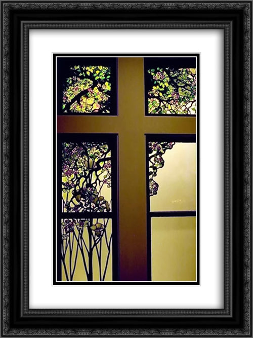 Apple Blossom and Magnolia Window 18x24 Black Ornate Wood Framed Art Print Poster with Double Matting by Tiffany, Louis Comfort
