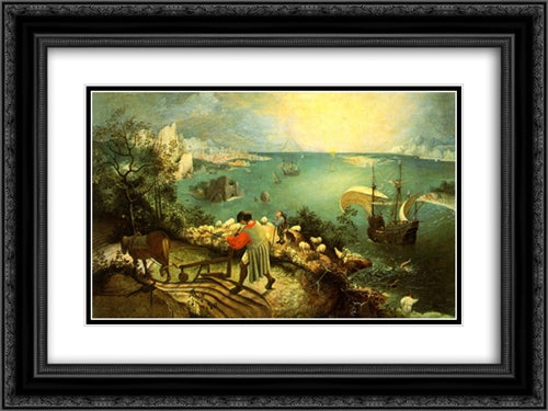 Landscape with the Fall of Icarus 24x18 Black Ornate Wood Framed Art Print Poster with Double Matting by Bruegel the Elder, Pieter