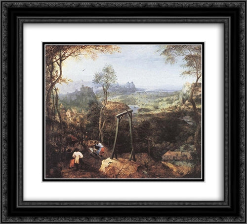 Magpie on the Gallow 22x20 Black Ornate Wood Framed Art Print Poster with Double Matting by Bruegel the Elder, Pieter