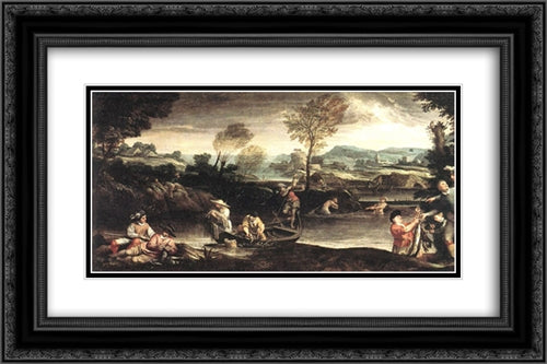 Fishing 24x16 Black Ornate Wood Framed Art Print Poster with Double Matting by Carracci, Annibale