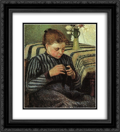 Girl Sewing 20x22 Black Ornate Wood Framed Art Print Poster with Double Matting by Pissarro, Camille