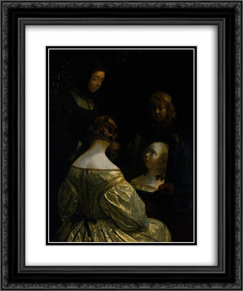 Woman at a Mirror 20x24 Black Ornate Wood Framed Art Print Poster with Double Matting by Terborch, Gerard