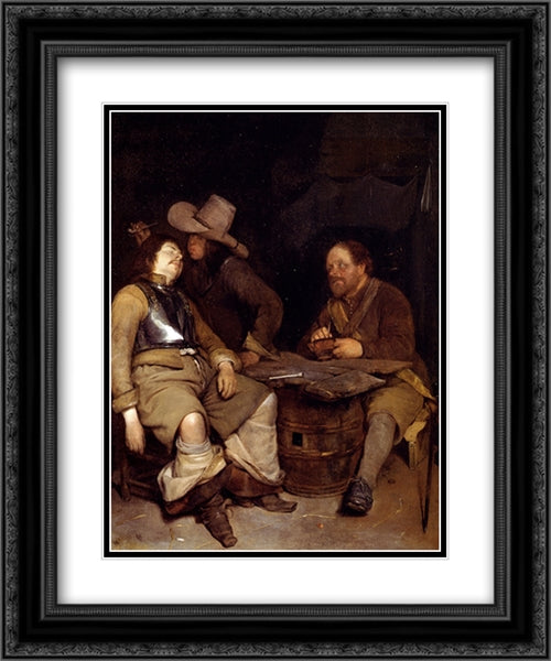 A Guard Room Interior, With A Soldier Blowing Smoke In The Face Of His Sleeping Companion, A Third Looking On 20x24 Black Ornate Wood Framed Art Print Poster with Double Matting by Terborch, Gerard