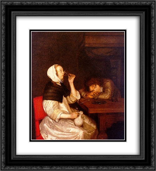 Woman Drinking with a Sleeping Soldier 20x22 Black Ornate Wood Framed Art Print Poster with Double Matting by Terborch, Gerard