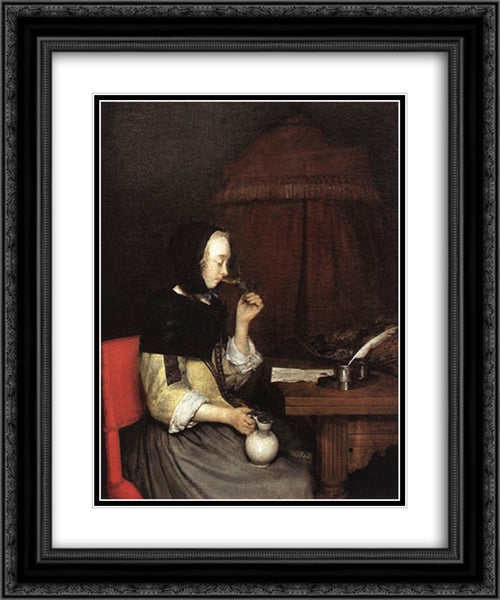 A Woman drinking Wine 20x24 Black Ornate Wood Framed Art Print Poster with Double Matting by Terborch, Gerard