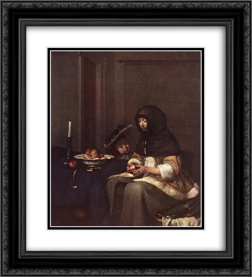 Woman Peeling Apple 20x22 Black Ornate Wood Framed Art Print Poster with Double Matting by Terborch, Gerard