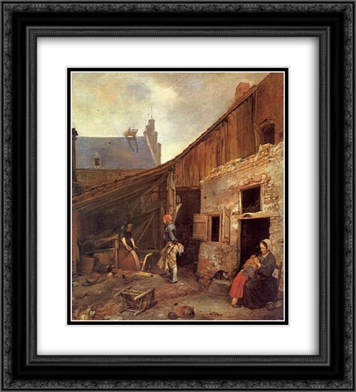 The Family of the Stone Grinder 20x22 Black Ornate Wood Framed Art Print Poster with Double Matting by Terborch, Gerard