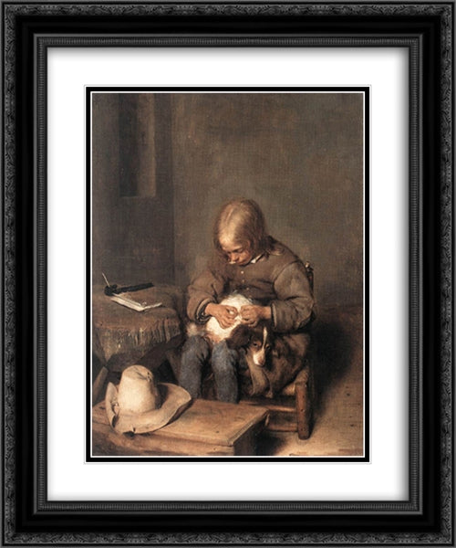 Boy Ridding his Dog of Fleas 20x24 Black Ornate Wood Framed Art Print Poster with Double Matting by Terborch, Gerard