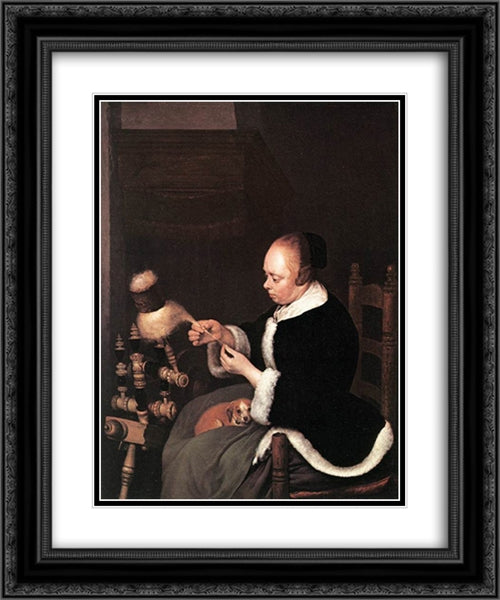 A Woman Spinning 20x24 Black Ornate Wood Framed Art Print Poster with Double Matting by Terborch, Gerard