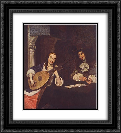 Woman Playing the Lute 20x22 Black Ornate Wood Framed Art Print Poster with Double Matting by Terborch, Gerard