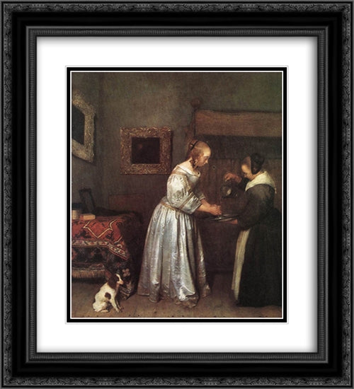 Woman Washing Hands 20x22 Black Ornate Wood Framed Art Print Poster with Double Matting by Terborch, Gerard